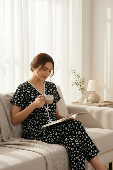 Kadın Siyah Beyaz Kalp Desenli Fiyonklu Kısa Kollu Pijama Takımı - Rahat, Şık ve 4 Mevsim Kullanım - Resim 4