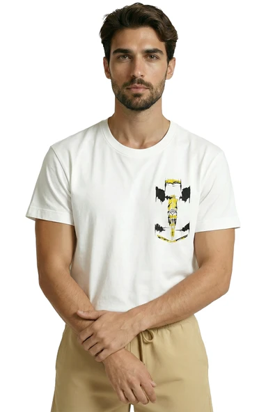 Sarı Siyah F1 Yarış Arabası Eskiz Baskılı Premium Pamuk Erkek Tişört - Resim 4