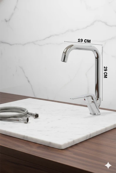 Mutfak Bataryası Köşe Boru Krom Renk Tasarruf Başlıklı Eviye Musluğu Musluk Armatür - Resim 3