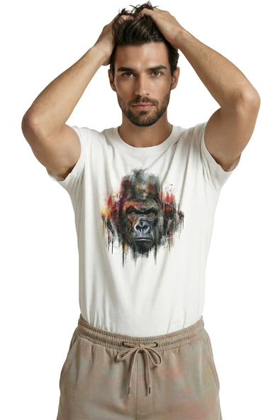 Sanatsal Goril Portresi ve Renkli Boya Efektli Tasarım Premium Erkek Tişört - Resim 5