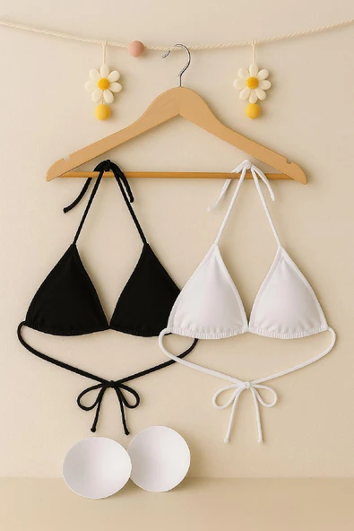 Kadın Siyah ve Beyaz Minimal Kesim Üçgen Bikini Üstü - Modern ve Şık Tasarım - Resim 7