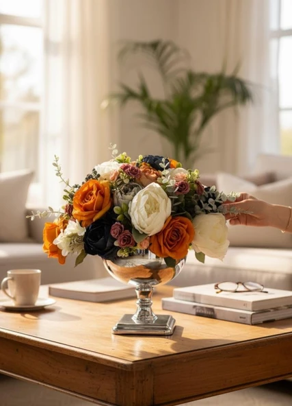 Yapay Çiçek Aranjmanı Gümüş Renk Metal Vazolu Arajman Nişan Kız İsteme Çiçeği Somon Lacivet Krem ürün görseli 1