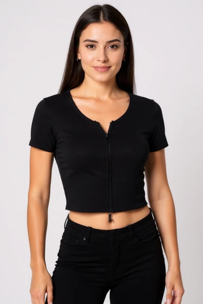 Kadın Siyah Çift Fermuarlı Yarım Kol Crop Top Bluz - Şık, Rahat ve Kolay Kombinlenebilir - Resim 6