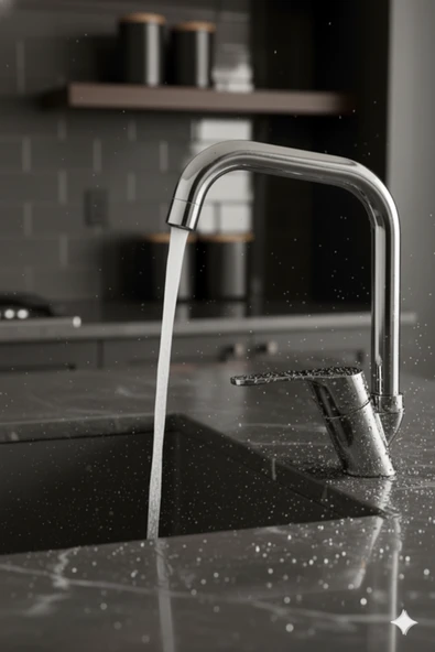 Mutfak Bataryası Köşe Boru Krom Renk Tasarruf Başlıklı Eviye Musluğu Musluk Armatür - Resim 4