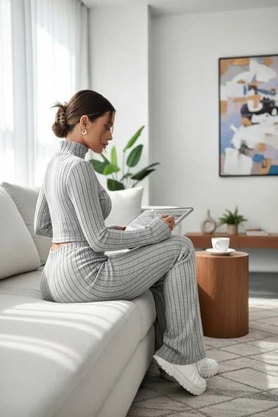 Kadın Gri Çizgili Boğazlı Crop Top ve Yüksek Bel Pantolon Takım - Resim 3