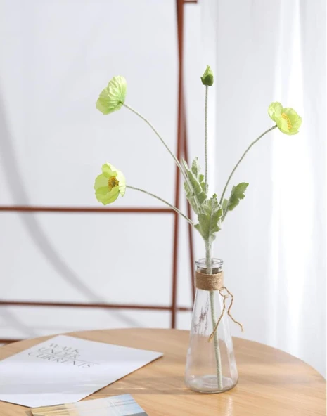 Yapay Çiçek Gelincik Çiçeği Yeşil Renk 3 Çiçek 1 Tomurcuk 59Cm - Resim 3