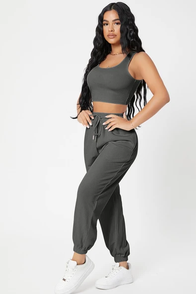 Kadın Antrasit Gri Kaşkorse Cepli Jogger Eşofman Altı ve Crop Top Bluz - Resim 3