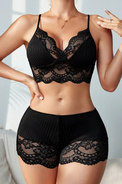 Kadın Siyah Kaşkorse ve Dantel Detaylı Şortlu Gecelik Takım - Resim 4