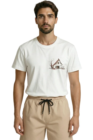 Minimalist Eskiz Köy Evi Baskılı Tasarım Premium Pamuk Erkek Tişört ürün görseli 1