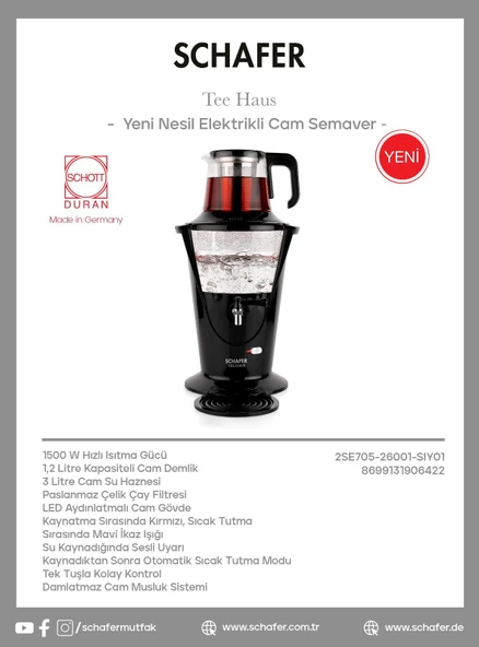 Schafer Tee Haus Yeni Nesil Elektrikli Cam Semaver-Siyah - Resim 2