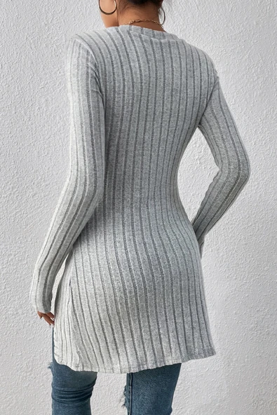 Kadın Gri Düğme Detaylı Kare Yaka Fitilli Asimetrik Etekli Uzun Kollu Bluz - Resim 3