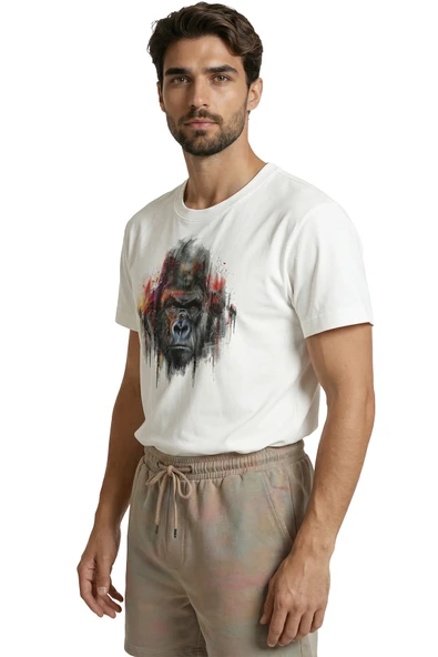 Sanatsal Goril Portresi ve Renkli Boya Efektli Tasarım Premium Erkek Tişört - Resim 2