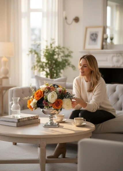 Yapay Çiçek Aranjmanı Gümüş Renk Metal Vazolu Arajman Nişan Kız İsteme Çiçeği Somon Lacivet Krem - Resim 4