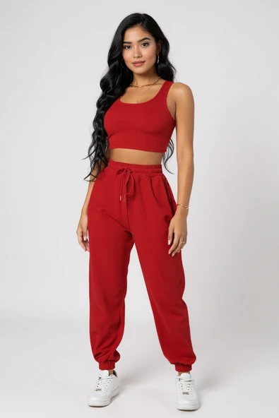 Kadın Kırmızı Kaşkorse Cepli Jogger Eşofman Altı ve Crop Top Bluz ürün görseli 1