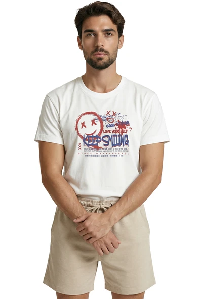 Graffiti Tarzı ''Keep Smiling'' ve Gülen Yüz Baskılı Streetwear Premium Erkek Tişört - Resim 4
