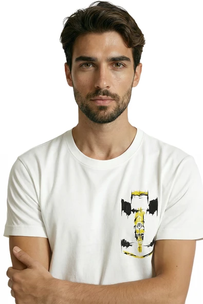 Sarı Siyah F1 Yarış Arabası Eskiz Baskılı Premium Pamuk Erkek Tişört - Resim 5