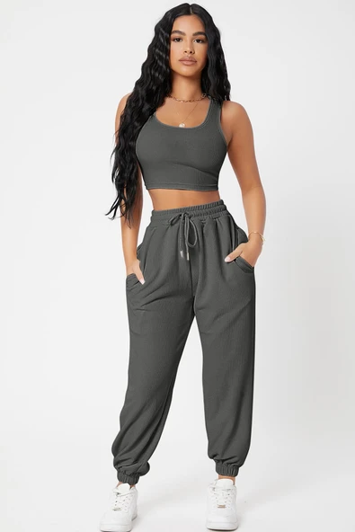 Kadın Antrasit Gri Kaşkorse Cepli Jogger Eşofman Altı ve Crop Top Bluz - Resim 5