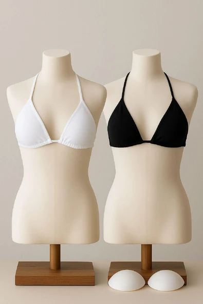 Kadın Siyah ve Beyaz Minimal Kesim Üçgen Bikini Üstü - Modern ve Şık Tasarım - Resim 4