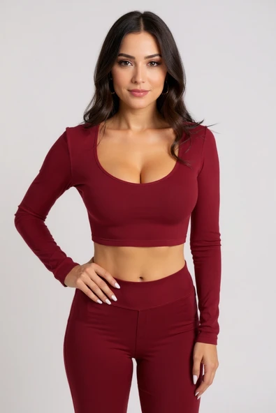 Kadın Bordo Uzun Kol Kare Yaka Crop Top Bluz ürün görseli 1