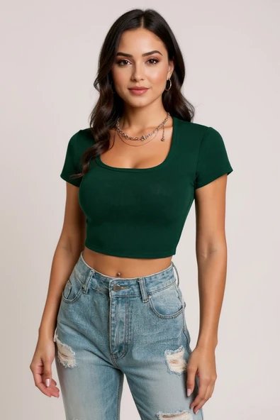 Kadın Yeşil Yarım Kol Düz Yaka Crop Top Bluz - Şık, Rahat ve Kolay Kombinlenebilir - Resim 6
