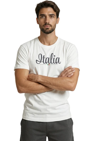 Zarif El Yazısı ''Italia'' ve Minimal Bayrak Baskılı Tasarım Premium Erkek Tişört - Resim 4
