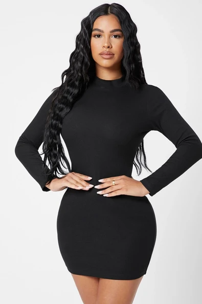 Kadın Siyah Kaşkorse Balıkçı Yaka Uzun Kollu Bodycon Mini Elbise - Resim 6