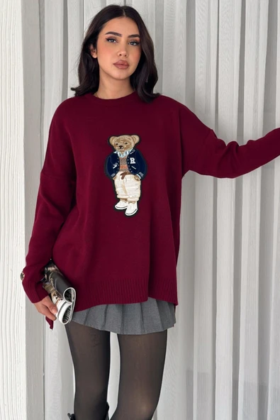 Ayıcıklı Triko Kazak - Aplike Ayıcık ve Yandan Yırtmaç Detaylı Arkadan Uzun Tasarım Bisiklet Yaka V5 - Resim 8