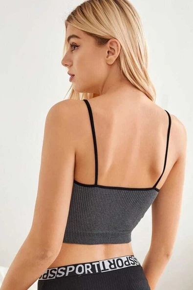 Kadın Anstrasit Gri İp Askılı Crop Top Bluz - Resim 4