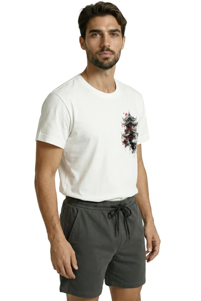 Mistik Uzak Doğu Pagoda ve Kırmızı Fenerler Baskılı Premium Erkek Tişört - Resim 2