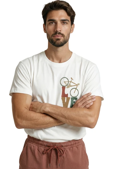 Vintage Bisiklet Figürlü ve LOVE Yazılı Retro Tasarım Premium Erkek Tişört - Resim 4