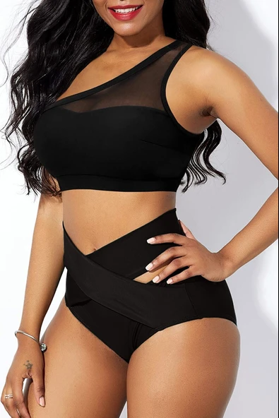 Kadın Siyah Yüksel Bel Tül Detaylı Sütyen Külot Takımı - Modern, Konforlu ve Günlük Kombinlere Uygun - Resim 2