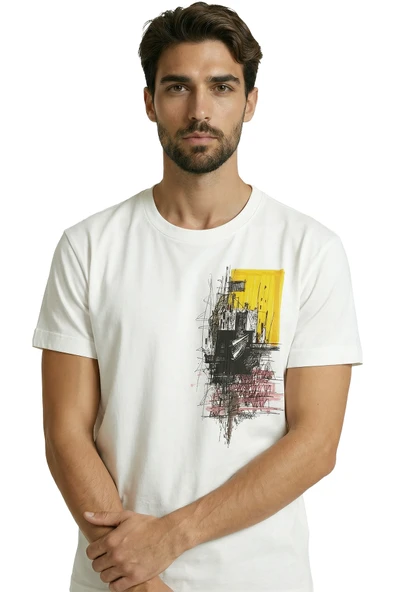 Soyut Şehir Mimarisi ve Eskiz Sanat Baskılı Premium Pamuk Erkek Tişört - Resim 4