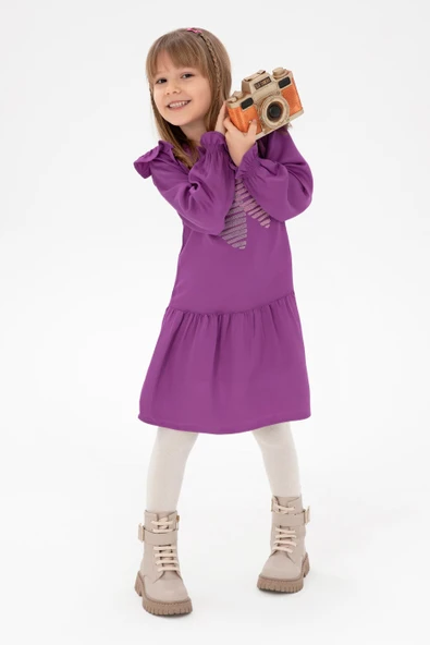 Kız Çocuk Menekşe Kalp İşlemeli Omuz Detaylı Dokuma Elbise ürün görseli 1