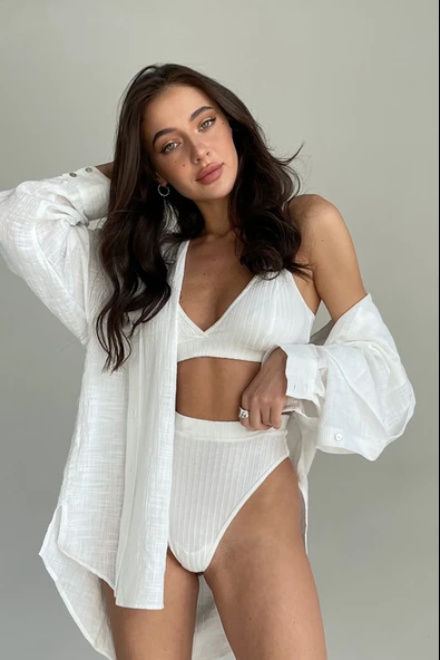 Kadın Beyaz Yüksek Bel Dolgusuz Slip Takım - Modern, Konforlu ve Günlük Kombinlere Uygun ürün görseli 1