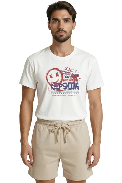 Graffiti Tarzı ''Keep Smiling'' ve Gülen Yüz Baskılı Streetwear Premium Erkek Tişört ürün görseli 1