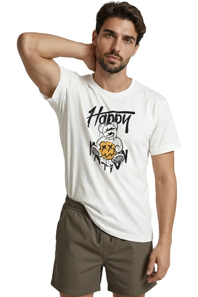 Graffiti Tarzı ''Happy'' Yazılı ve X Gözlü Ayıcık Baskılı Premium Erkek Tişört - Resim 5