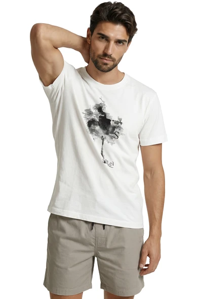 Soyut Mürekkep Lekesi ve Tipografik Ağaç Baskılı Tasarım Premium Erkek Tişört - Resim 5