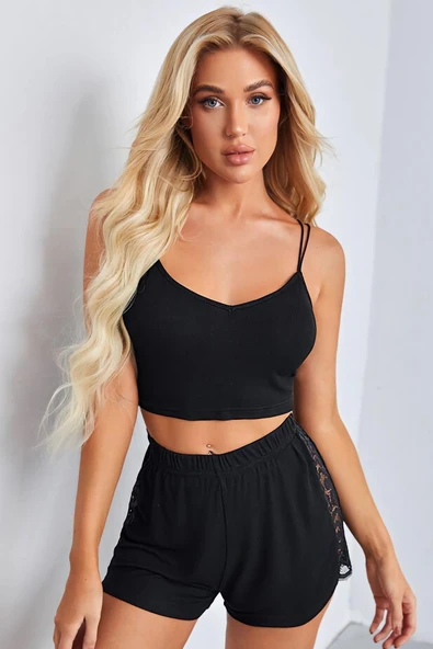 Kadın Siyah Yanları ve Sırtı Dantel Detaylı Çift Sıra İnce Lastikli Şortlu Gecelik Takım - Resim 2