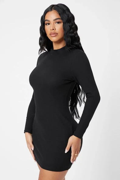 Kadın Siyah Kaşkorse Balıkçı Yaka Uzun Kollu Bodycon Mini Elbise - Resim 7