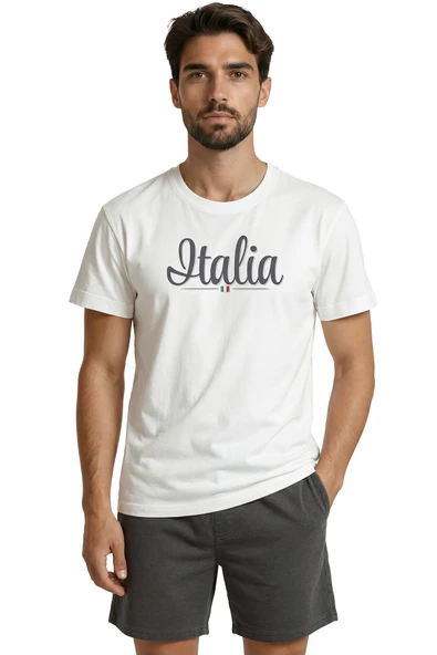 Zarif El Yazısı ''Italia'' ve Minimal Bayrak Baskılı Tasarım Premium Erkek Tişört - Resim 6