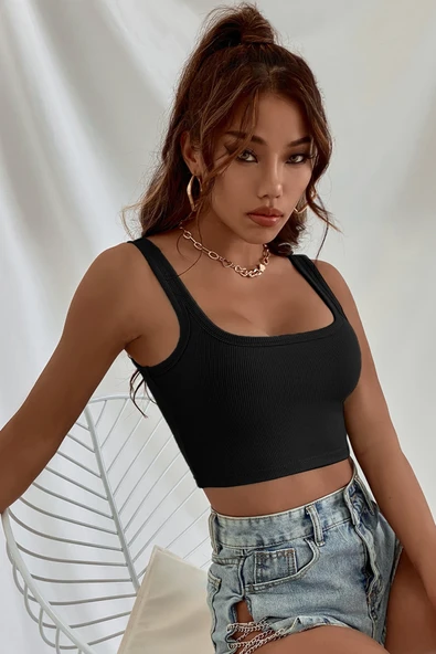 Kadın Siyah Kalın Askılı Crop Top Büstiyer - Modern ve Şık Tasarım - Resim 6