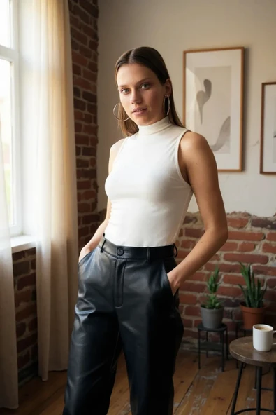 Kadın Beyaz Kolsuz Balıkçı Yaka Basic Bluz - Resim 2