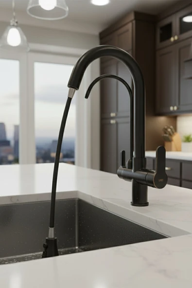 Arıtmalı Spiralli Pull-out Mutfak Bataryası Siyah Renk Musluk Armatür - Resim 3
