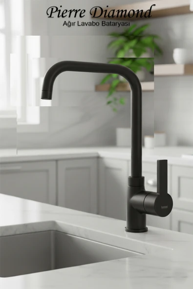 Lavabo Bataryası Siyah Renk Köşe Model Ağır Tip Baston Boru Musluk Armatür ürün görseli 1