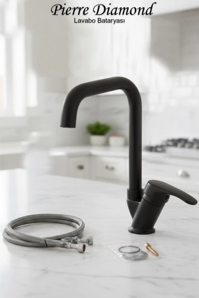 Lavabo Bataryası Köşe Borulu Siyah Renk Eviye Musluğu Musluk Armatür ürün görseli 1