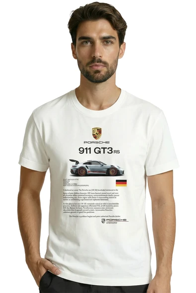 911 GT3 RS Spor Araba Baskılı Tasarım Premium Pamuk Erkek Tişört - Resim 3