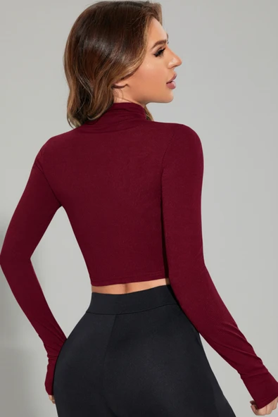 Kadın Bordo Uzun Kol Fermuarlı Parmak Geçme Detaylı Dik Yaka Crop Top Bluz - Resim 2
