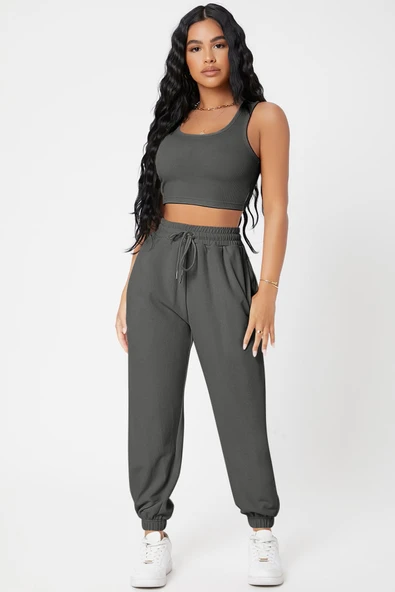 Kadın Antrasit Gri Kaşkorse Cepli Jogger Eşofman Altı ve Crop Top Bluz ürün görseli 1