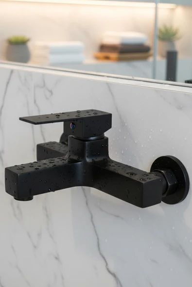 Banyo Bataryası Pirinç Döküm Lüks Ağır Siyah Renk Kare Duş Musluğu - Resim 5