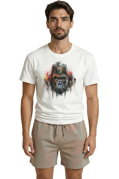 Sanatsal Goril Portresi ve Renkli Boya Efektli Tasarım Premium Erkek Tişört ürün görseli 1